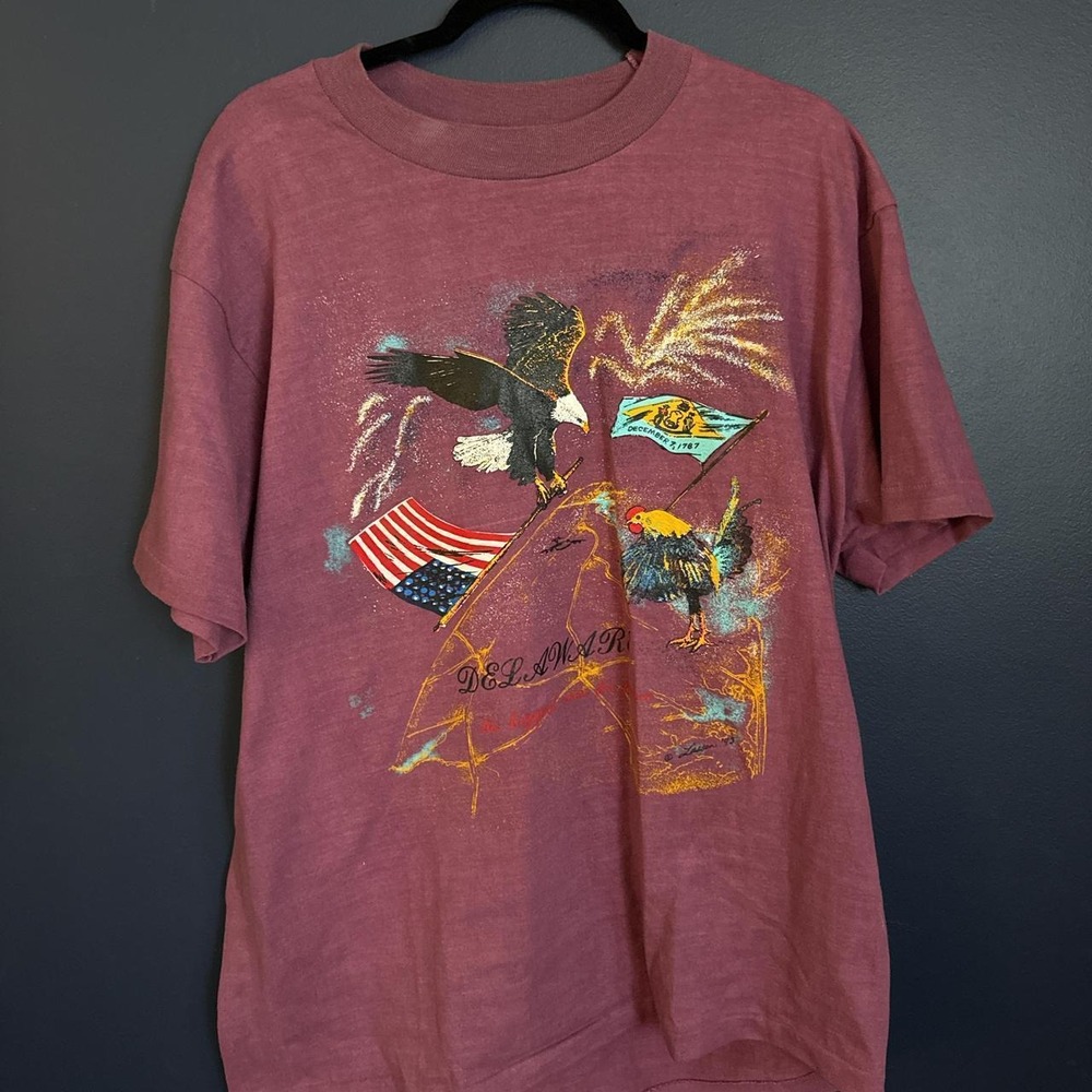 Vintage Anvil 90s Single Stitch Delaware Eagle USA Graphic Tee Burgundy Mens OS